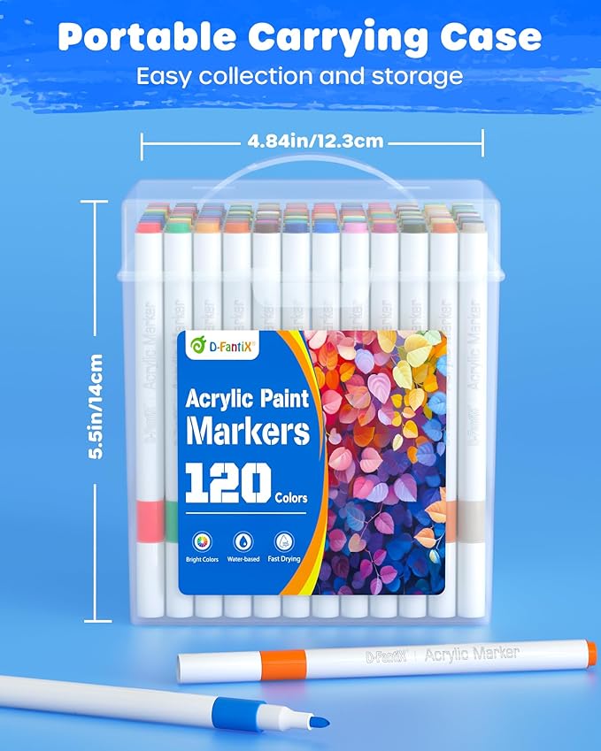 D-FantiX 120 Colors Acrylic Paint Markers for Kids Adults, Fine Tip Acrylic Paint Pens for Wood, Fabric, Glass, Canvas, Ceramic, Plastic, Rocks, Eggs, Shoe, DIY Arts and Crafts Scrapbook Supplies