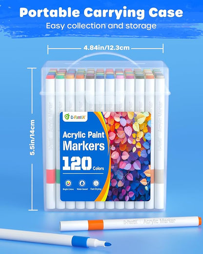 D-FantiX 120 Colors Acrylic Paint Markers for Kids Adults, Fine Tip Acrylic Paint Pens for Wood, Fabric, Glass, Canvas, Ceramic, Plastic, Rocks, Eggs, Shoe, DIY Arts and Crafts Scrapbook Supplies