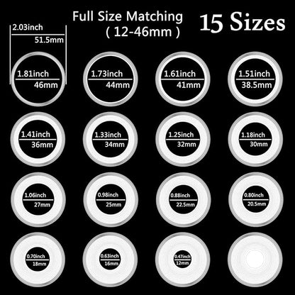 100 Pcs 46mm Silver Dollar Coin Holder Capsules and 15 Sizes(Match All 12-46mm) Protect Gasket for Collection Supplies,Plastic Coin Case with Storage Organizer Box for Collectors and 6 Pcs Coin Flip
