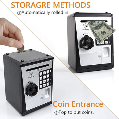 Toy Safe Box, Electronic ATM Piggy Bank, Money Coin Savings Bank, Finger Print Scanner Lock, Great Gift for Children Kids (Silver/Black)