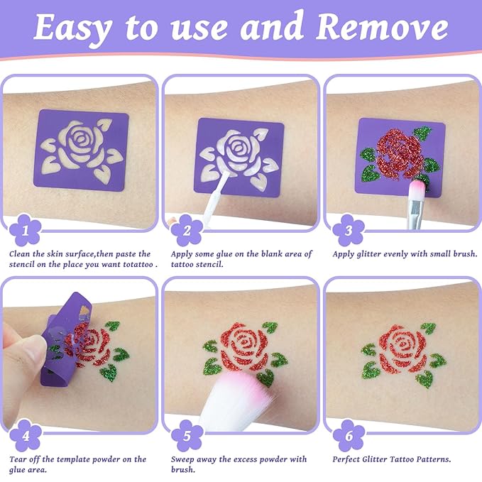 Temporary Glitter Tattoos Kit for Kids,48 Glitter Colors, 178 Stencils,4 Glue,5 Brushes,Adults and Kids Arts Glitter Kit,Wonderful Holiday Gifts for Girls & Boys.