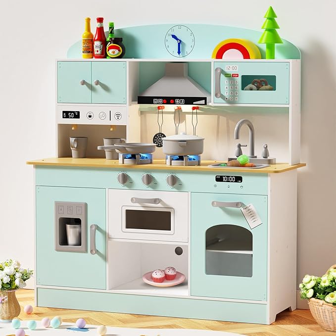 Babytronic Wooden Play Kitchen Set, Pretend Play Kitchen with Lights and Sounds for Kids Ages 3+, Includes Stove, Oven, Microwave, Coffee Maker, and Accessories, Toy Kitchen Set for Toddlers (Blue)