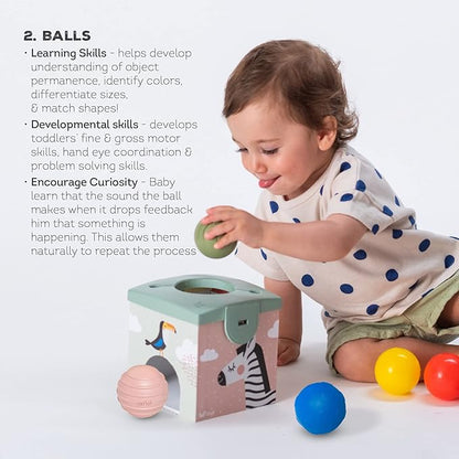 Taf Toys Sensory Baby Tissue Box, Object Permanence Box, Imaginary Play for Infants & Toddlers, Montessori Square Sensory Toys Colorful Pull Scarves, Play Balls & Cards Educational Preschool Learning