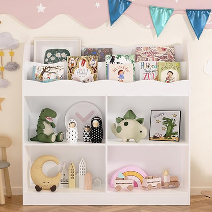 MHOM White Kids Bookshelf, Toy Storage Organizer with Book Rack and 4 Storage Cubbies, Wooden Kids Bookcase, Toy Organizers and Storage for Nursery, Playroom