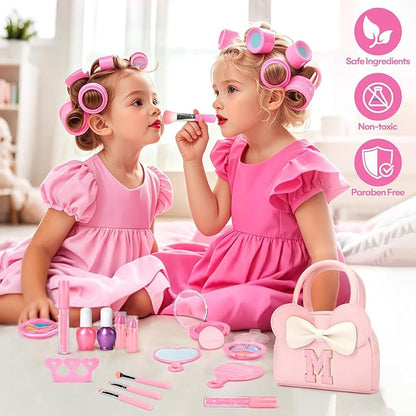 Kids Real Makeup Kit for Girls - 18Pcs Non-Toxic Washable Make Up Toys with Initial Toddler Purse - Personalized Birthday Gifts for Age 3 4 5 6 7 8 9 10 Years Old Girls Vanity Set - M