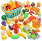 HOLYFUN 100 PCS Cutting Play Food Toy for Kids Kitchen, Pretend Fruit & Vegetables Accessories with Shopping Basket, Plastic Mini Dishes, Play Money, Perfect Educational Toy for Toddlers Boys & Girls