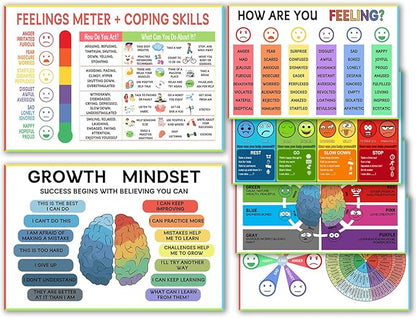 6 Zone of Self-Regulation Bulletin Board Set Feeling Chart for Kids - Calm Down Corner Toolkit with Feeling Wheel Poster, Emotions Chart & Growth Mindset Activities (8x12 Inch, Classroom Decor Essentials)