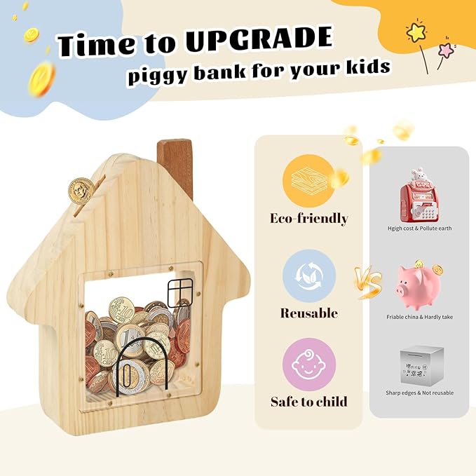 Wooden Piggy Bank - Creative Birthday and Decor Gift for Boys and Girls Aged 4+ - Wooden Craft - Personalized Kids Gift HuvRsu