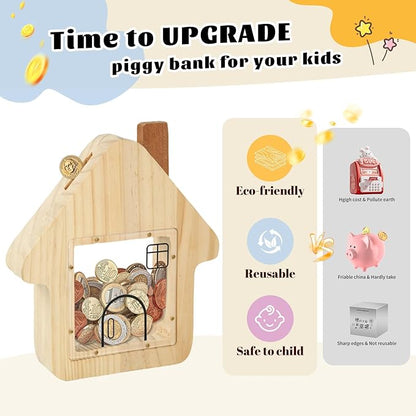Wooden Money Bank, House-Shaped Piggy Bank with Clear Window, Decorative Coin Storage Box for Kids (Owl Piggy Bank)