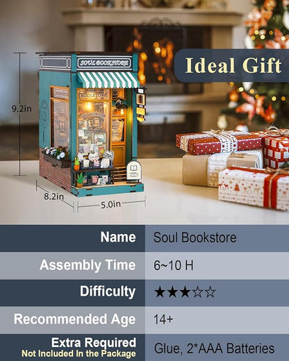 Book Nook Kit Soul Bookstore, DIY Wooden Booknooks Kit for Adults Women Teens, Bookshelf Diorama Miniature Scenes Insert Decor with LED Light, Miniature House Kit Bookstore Model Gifts