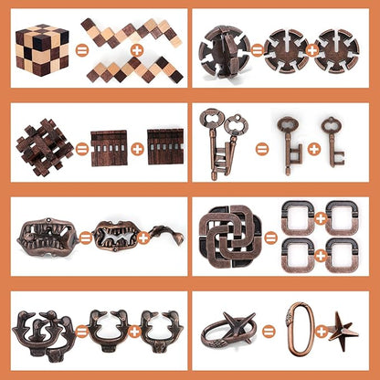 8 Pcs Brain Teaser Puzzles for Adults Teens - Wooden Puzzles 3D Puzzle Game Toys for Adults Teens - Metal Unlock Interlocking Puzzle Adult IQ Education Smart Toys