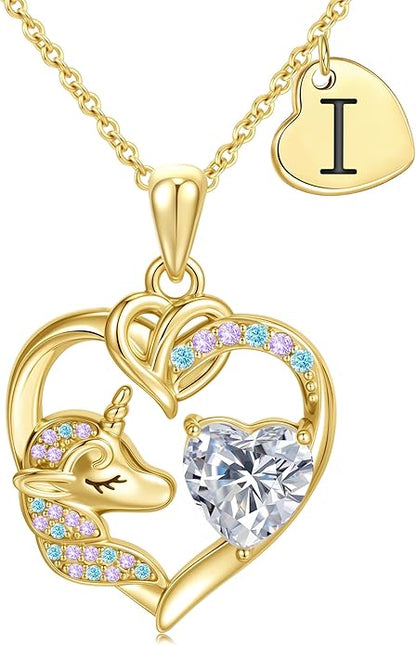 C-leen Unicorn Gifts for Girls Kids - Colorful CZ Heart Initial Necklaces Unicorn Necklace for Girls Jewelry Christmas Birthday Gifts for Little Girl