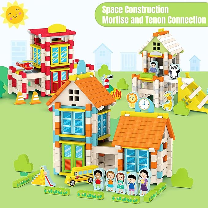 157PCS Wooden Building Blocks Set for Toddlers, Construction City Stacking Toys, Preschool Learning Educational Toys for Kids 3+ Years Girls and Boys (Fire Station)