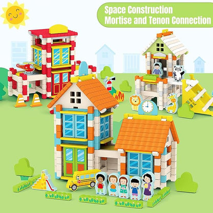 182PCS Wooden Building Blocks Set for Toddlers, Construction City Stacking Toys, Preschool Learning Educational Toys for Kids 3+ Years Girls and Boys (School)