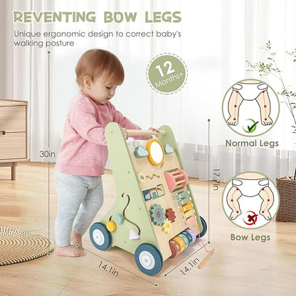 Baby Push Walker, Wooden Baby Walker with Wheels, Montessori Push Walker for Babies 6-12 Months, Push Walking Toys for Boys&Girls 1 Year Old, Gifts for Toddler
