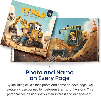 ELFINK Personalized Children Story Books - The Mighty Digger & Dinosaur Discovery - Customized Name & Photo - Baby Gifts - Children Bedtime Story (Soft Cover)
