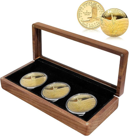 Walnut Wood Challenge Coin Display Case , Coin Box, 3 Slot Design, Compatible with Coins Measuring 17/20/25/27/30/35/40/46mm in Diameter and Less Than 3mm in Thickness