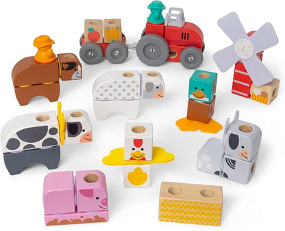 Melissa & Doug Blockables™ Farm and Farm Friends 2-Pack Bundle Connectable Wooden Building Blocks Preschool Play Set Toy