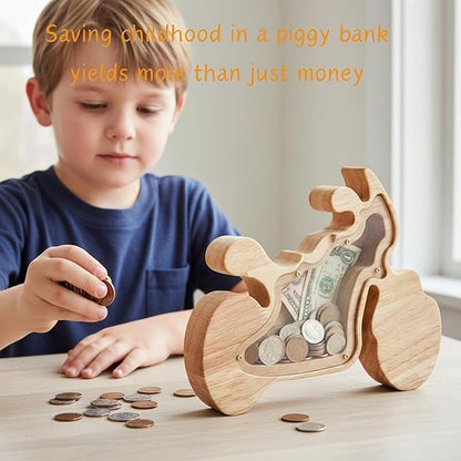 Motorcycle Shaped Wooden Piggy Bank Transparent Acrylic Panel Money Savings Box Creative Coin Bank for Kids Boys Adults, Birthday Home Décor