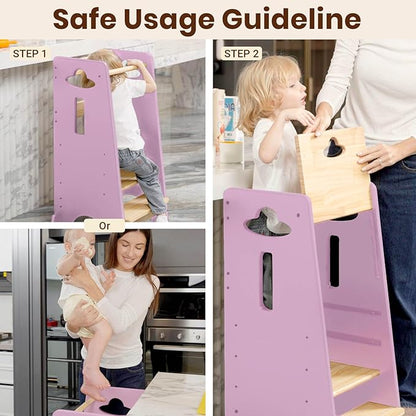 COSYLAND Toddler Standing Tower Adjustable Height - Super Stable Kids Kitchen Stool Helper - 3 Levels Adjustable Wooden Toddler Kitchen Stool (Natural & Pink)