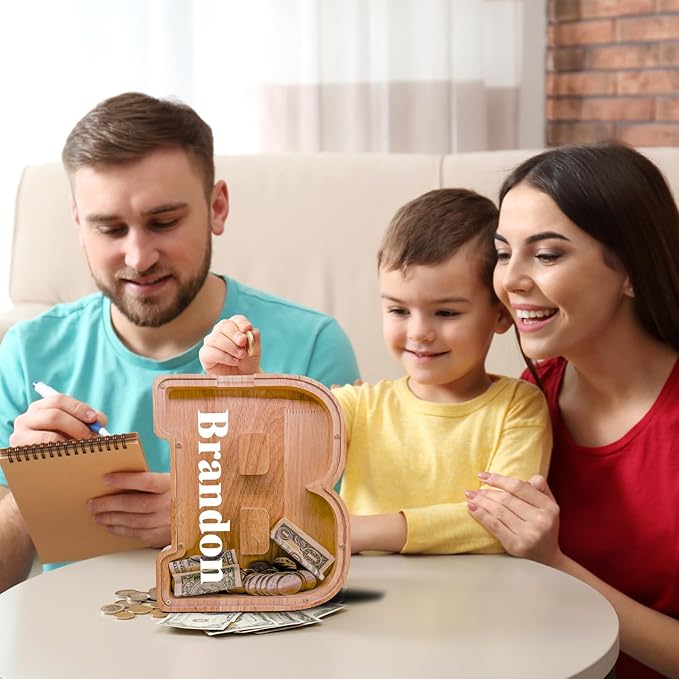 Wooden Letter Piggy Bank for Kids Larger Alphabet Letter Bank for Boys Initial Coin Bank Personalized Piggy Bank Wood Money Save Box for Birthday and Festival-Upgrade 9"" B Piggy Bank