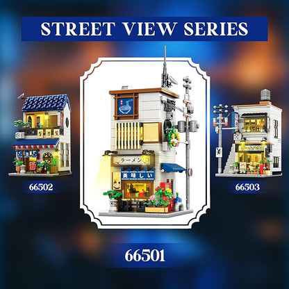 Reobrix Japanese Ramen Shop Building Blocks 66501, 2 in 1 Creative Street View House Building Kit with Light, Japanese Architecture Home Office Decor, Ideal Gifts for Boys Girls Adults 14+