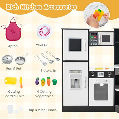 HONEY JOY Corner Kids Kitchen Playset, Modular Wooden Play Kitchen for Toddlers, Range Hood, Separated Washing Basin, Little Chef Pretend Toy Kitchen Set w/Lights and Sounds(Coffee)