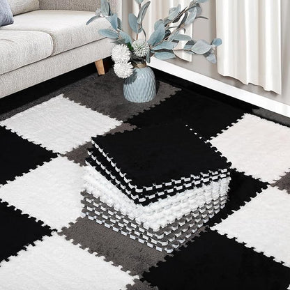 12 Pcs Plush Interlocking Carpet Tiles, Non-Toxic Foam Carpet Tiles for Toddler Baby, Machine-Washable, Anti-Slip, EVA Foam Interlocking Tiles for Floor, Nursery, Playroom, Grey White Black