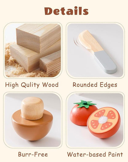 ROBUD Wooden Toy Food Set, Cutting Play Food for Kids Kitchen Accessories Pretend Toy Food Playset with Storage Bag, Toys Gifts for Girls Boys Age 3+, Vegetable Set