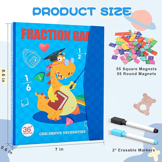 Magnetic Fraction Educational Puzzle, 110 Pcs Magnetic Fraction Puzzle for Kids, Magnetic Fraction Tiles & Fraction Circles, Fractions Manipulatives Learning Games for Elementary School