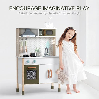 ROBOTIME Wooden Play Kitchen for Kids, Toys Kitchen with Light & Sound & Range Hood, Kids Kitchen Playset with Plenty of Play Features, Pretend Play Kitchen Set for Girls Boys Ages 3+