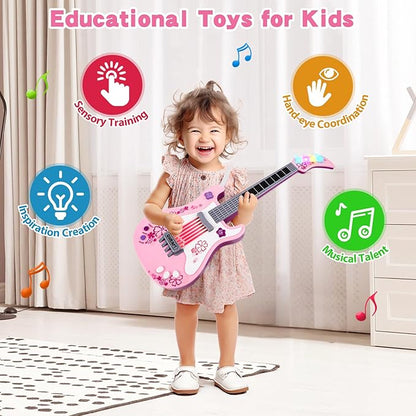 M SANMERSEN Kids Guitar for Girl Music Toy Electric Pink Guitars with Strap for Kid Toddler Musical Instrument Toys for 3 4 5 Year Old Girls Gifts