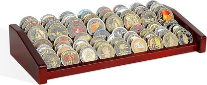 Challenge Coin Holder Display Case - 2 Tiers Solid Wood Military Coin Rack for 60-70 Coins, Army Coin Stand for Desk Display, Mahogany