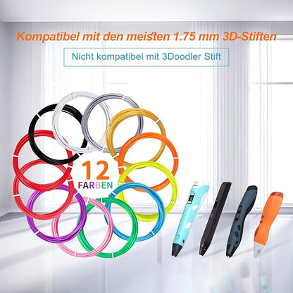 3D Pen Filament Refills 12 Colors Compatible with SCRIB3D MYNT3D PIKA3D 3D Pen for Kids Each Color 10Feet 1.75mm PLA 3D Printing Pen Filament Refills, NOT FIT 3Doodler Start Pen