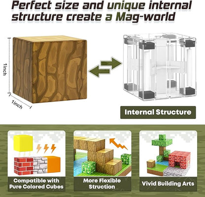 Magnetic Blocks-Build Mine Magnet World Edition, Magnetic Toys for Boys & Girls Age 3-4 4-5 6-8,STEM Montessori Sensory Toys for Toddlers Gifts for 3+ Years Old,48PCS Fidget 1" Cubes Construction Toy