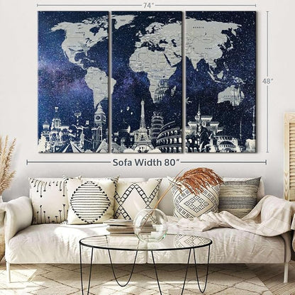 ElephantStock Starry World Map Multi Piece Canvas - 3 Panel Wall Decor - Map of the World Art - Canvas for the Office and Home - 74" X 48"