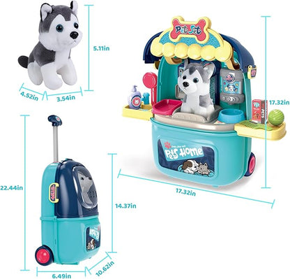 MAGIC4U Pet Cat Care Carrier Suitcase Toy, 29PCS Doctor Vet Kit for Kids, Pet Dog Grooming Feeding Toys, Veterinarian Pretend Play Set, Gifts for Boys and Girls Ages 3-12