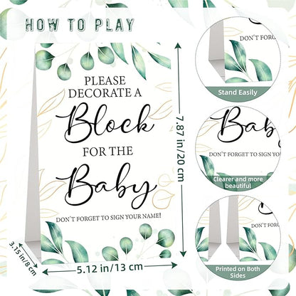 146 Pcs Baby Shower Game Sign Set Includes Decorative Square 56 DIY Blank Wooden Blocks 24 Paint Markers 27 Page Baby‘s First ABC Book (Leaf)