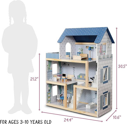 Lil' Jumbl Kids Wooden Dollhouse, 17-Piece Accessories & Furniture are Included, with Balcony & Stairs, 3 Story Easy to Assemble Doll House Toy - Blue