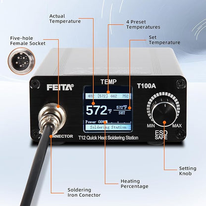 FEITA T12 Soldering Iron Station Kit Tool for Electronics, With 3 Solder Iron Tips, 1 Soldering Wire & Stand, 1 ESD Tweezer, Soldering Machine with °F-°C Conversion, Auto Sleep & Shutdown
