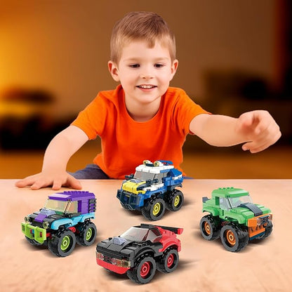 4 Pack Monster Truck Micro Brick Building Blocks Set, Pull Back Car Toy Vehicles Set, Birthday Party Favor or Gift for Teens Ages 8+ Kids