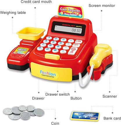 Children Mini Cash Register Toy Cashier Role Play Supermarket Shopping Checkout Money Till Toy Educational Learning Pretend Playset for Kids Girls Boys
