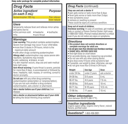 Genexa Children's Clean Acetaminophen | Pediatrician Preferred Ingredients | Pain & Fever Reducer for Kids | Dye Free, 0% Artificial Additives | Ages 2-11, Delicious Organic Cherry Liquid, 4 fl oz