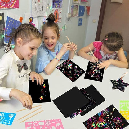 Mocoosy 60 Pcs Rainbow Scratch Art Paper for Kids, Magic Scratch Paper Set Art and Craft Kit, Black Scratch Sheets for Party Game Activities Birthday Gifts Toys Girls Boys 3 4 5 6 7 8 9 10 Years Old