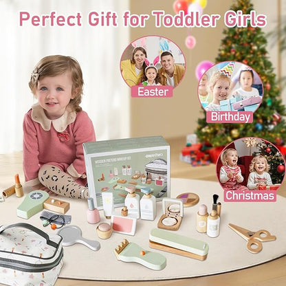 22 PCS Wooden Makeup Toy Set for Toddler Pretend Play,Wood Beauty Salon Toys Cute Wooden Makeup Kit with Realistic Accessories Gift for Girls 3 4 5 6