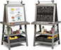 Costzon Kids Art Easel, 3 in 1 Double-Sided Wooden Easel w/Magnetic Whiteboard, Chalkboard & Paper Roll, 2-Tier Rack w/ 2 Storage Boxes, Standing Easel for Kids, Toddlers, Boys, Girls (Grey)