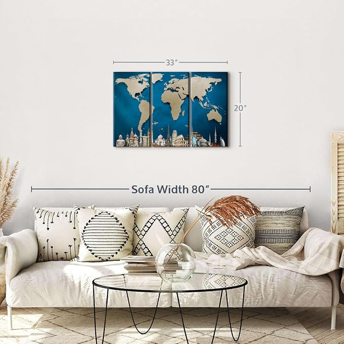 ElephantStock Ocean Blue World Map Multi Piece Canvas - 3 Panel Wall Decor - Map of the World Art - Canvas for the Office and Home - 33" X 20"