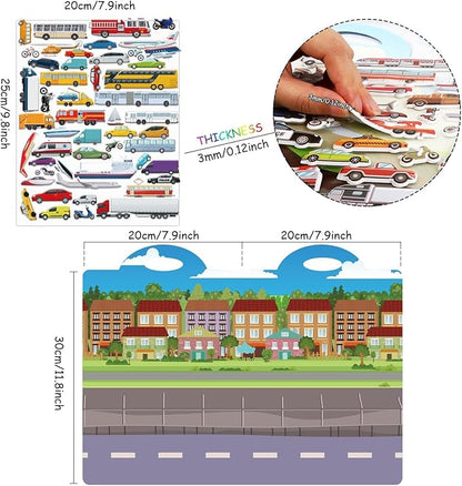 3D Transportation Puffy Sticker Play Set Kids 2-4 Toys Gifts Sticker Book Vehicles Cars Window Clings Decals for Toddlers Airplane Transportation Party Supplies Decorations 100 Reusable Puffy Stickers