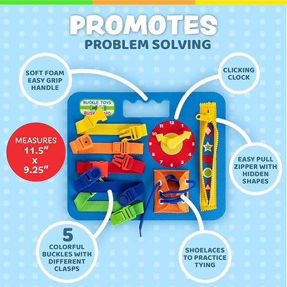 Buckle Toys Busy Board - Montessori Learning Toy for Toddlers Kids Road Trip Activities - Foam Sensory Board - Develop Fine Motor Skills - Blue