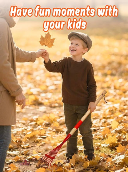 Kids Friendly Rakes for Leaves - 28" Child Size Small Rake with Durable Metal Head & Hardwood Handle, Real Lawn Garden Yard Tools for 3+ Years Kids Enjoy Helping Work Gifts (Red)